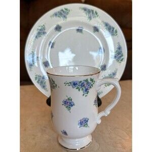 Vintage Royal Victoria Fine Bone China SET 2 Coffee Mug & Plate 8 Blue FLORAL